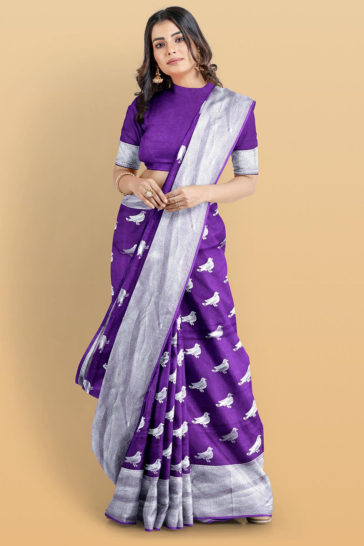 VIOLET and SILVER BIRDS FIGURE WEAVING SILK Saree with FANCY