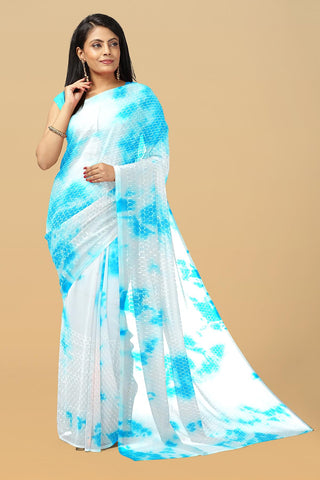 OFF WHITE and BLUE SHIBORI PRINT CHIFFON Saree with FANCY