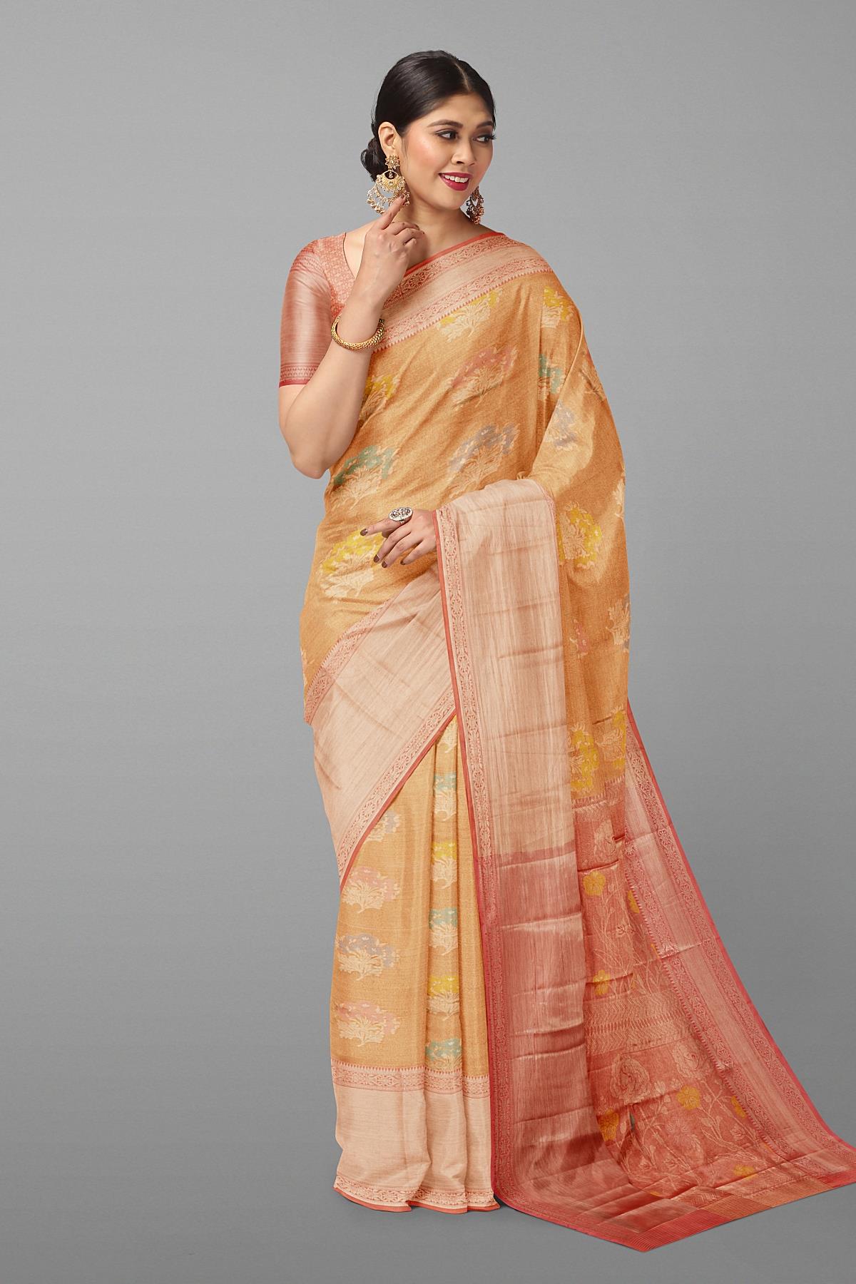 COPPER and DUSTY PINK FLORALS TISSUE SILK Saree with FANCY