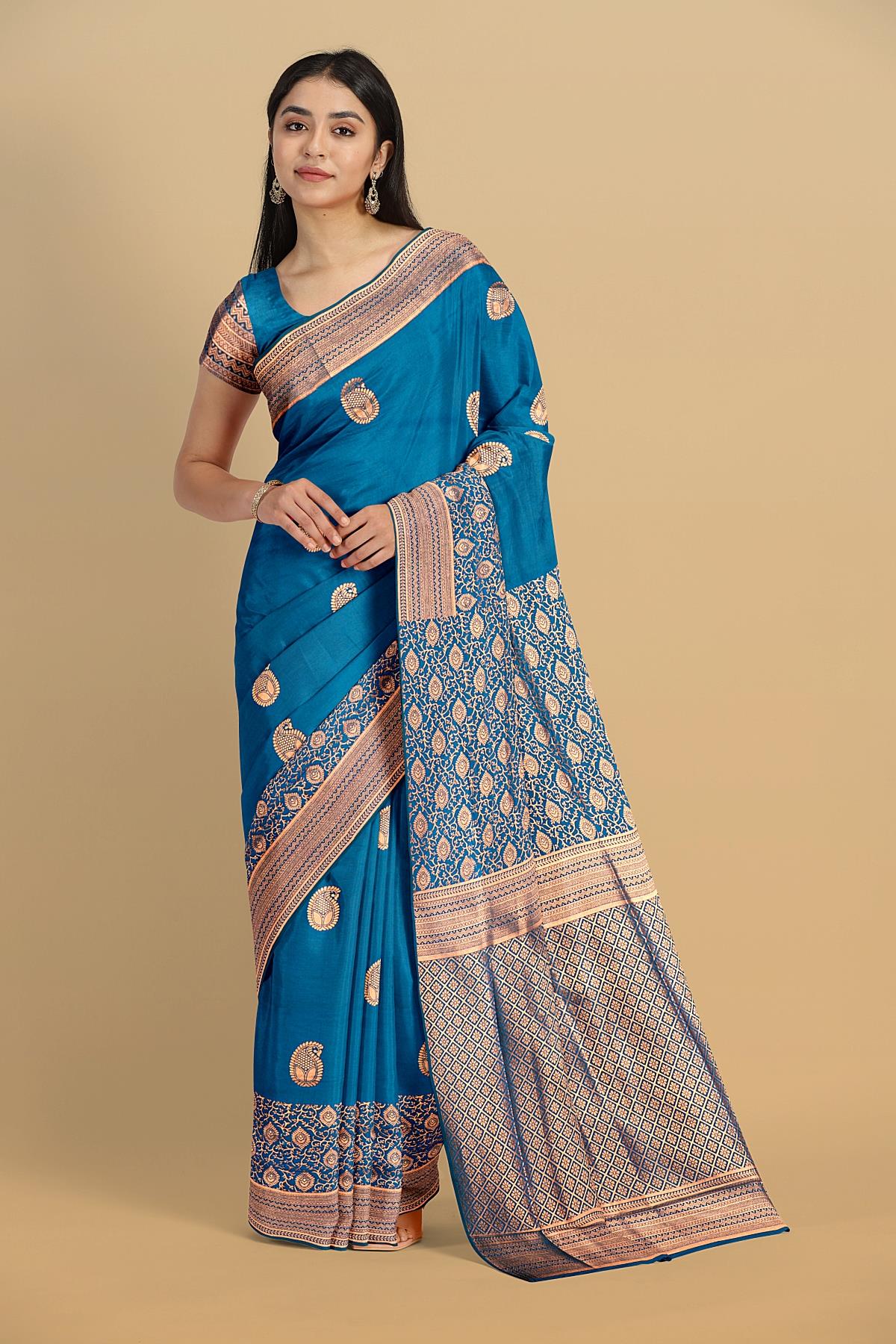 ROYAL BLUE and GOLD BUTTIS SILK BLEND Saree with SEMI PATTU
