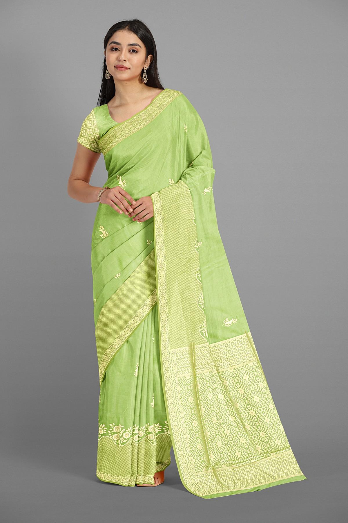 PISTA GREEN and GOLD BUTTIS SILK BLEND Saree with SEMI PATTU