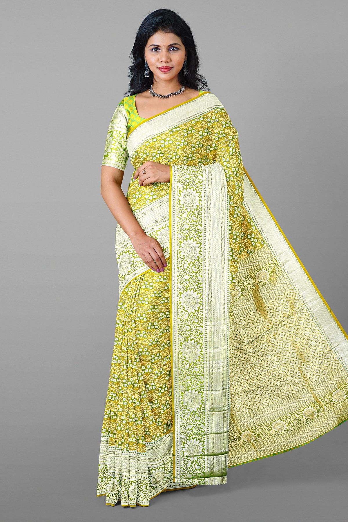LIGHT GREEN and SILVER FLORAL JAAL SILK BLEND Saree with SEMI PATTU