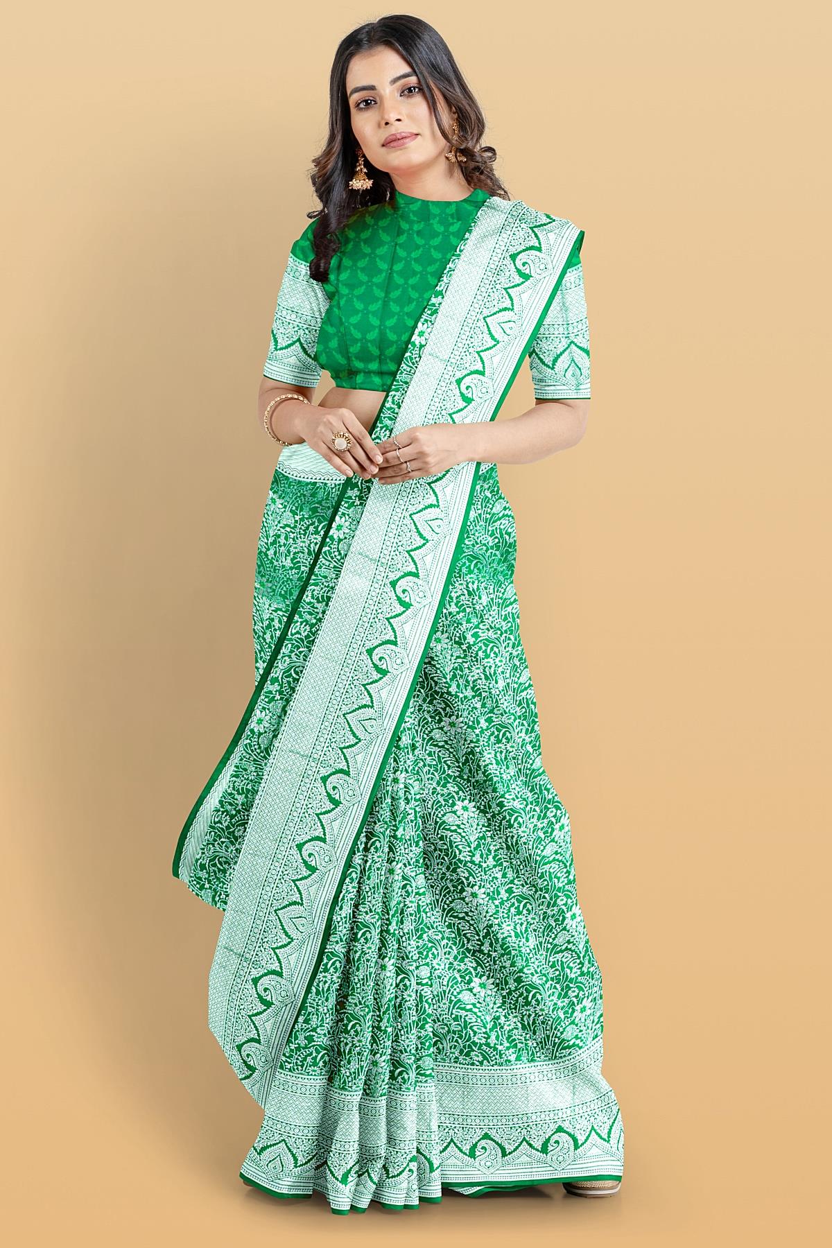 GREEN and SILVER FLORAL JAAL SILK BLEND Saree with SEMI PATTU