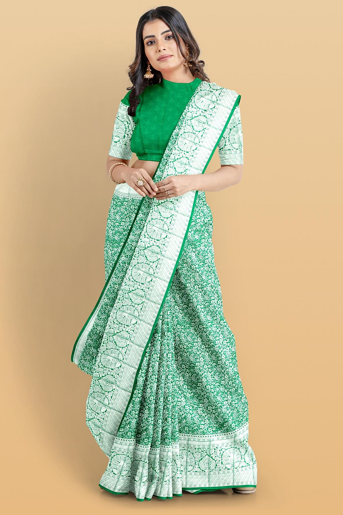 GREEN and SILVER FLORAL JAAL SILK BLEND Saree with SEMI PATTU