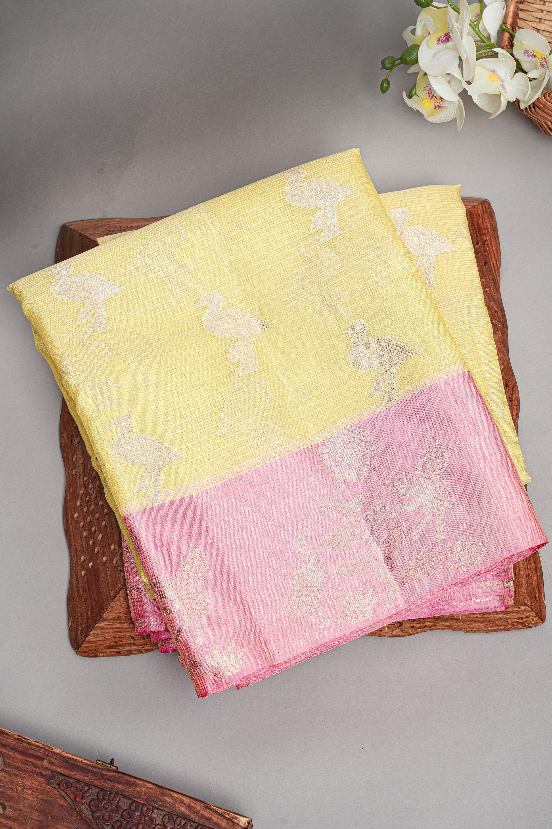 LIGHT YELLOW and LIGHT PINK FIGURE BUTTIES KOTA Saree with FANCY