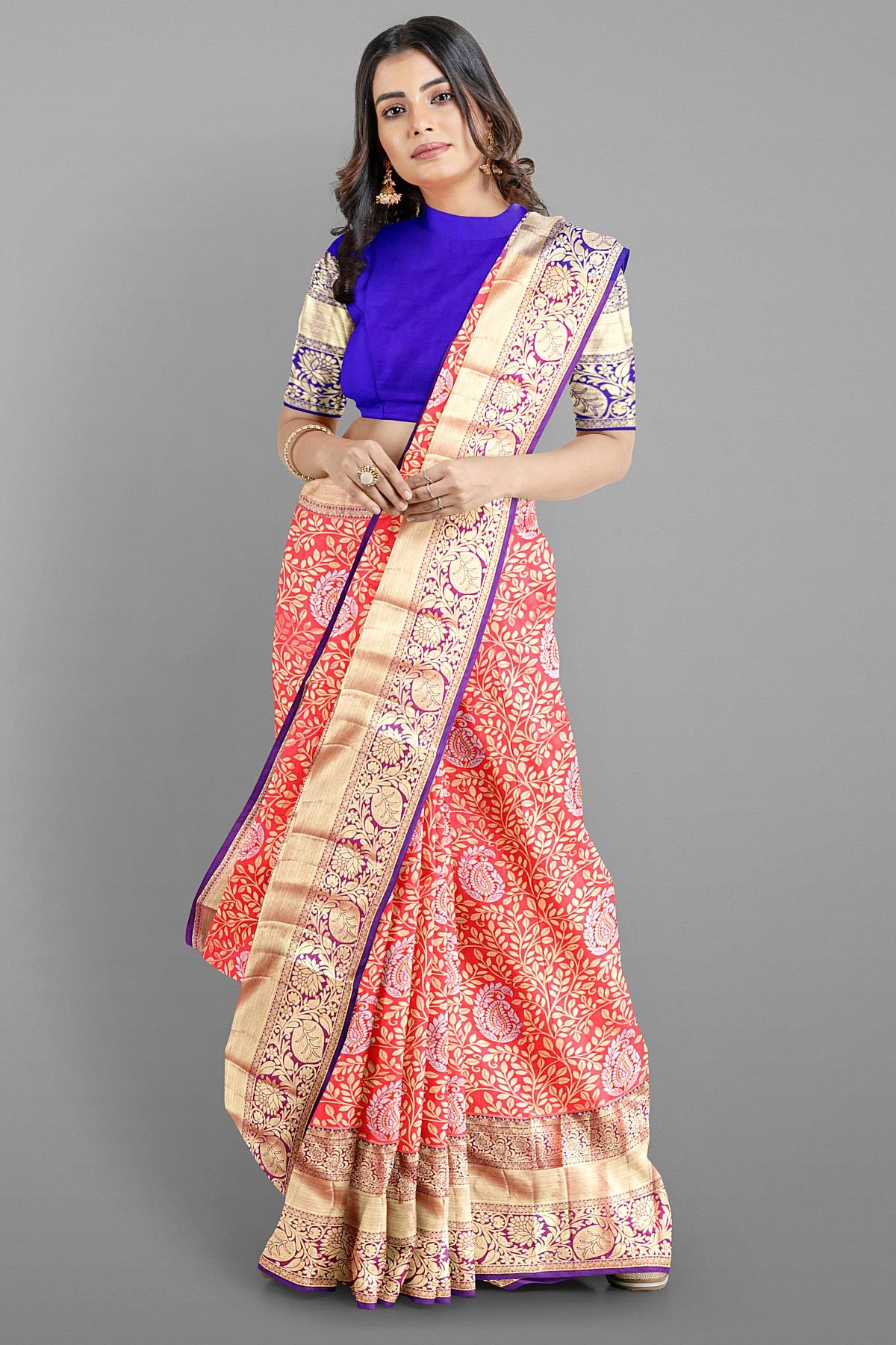 PEACH and ROYAL BLUE FLORAL JAAL SILK BLEND Saree with SEMI PATTU