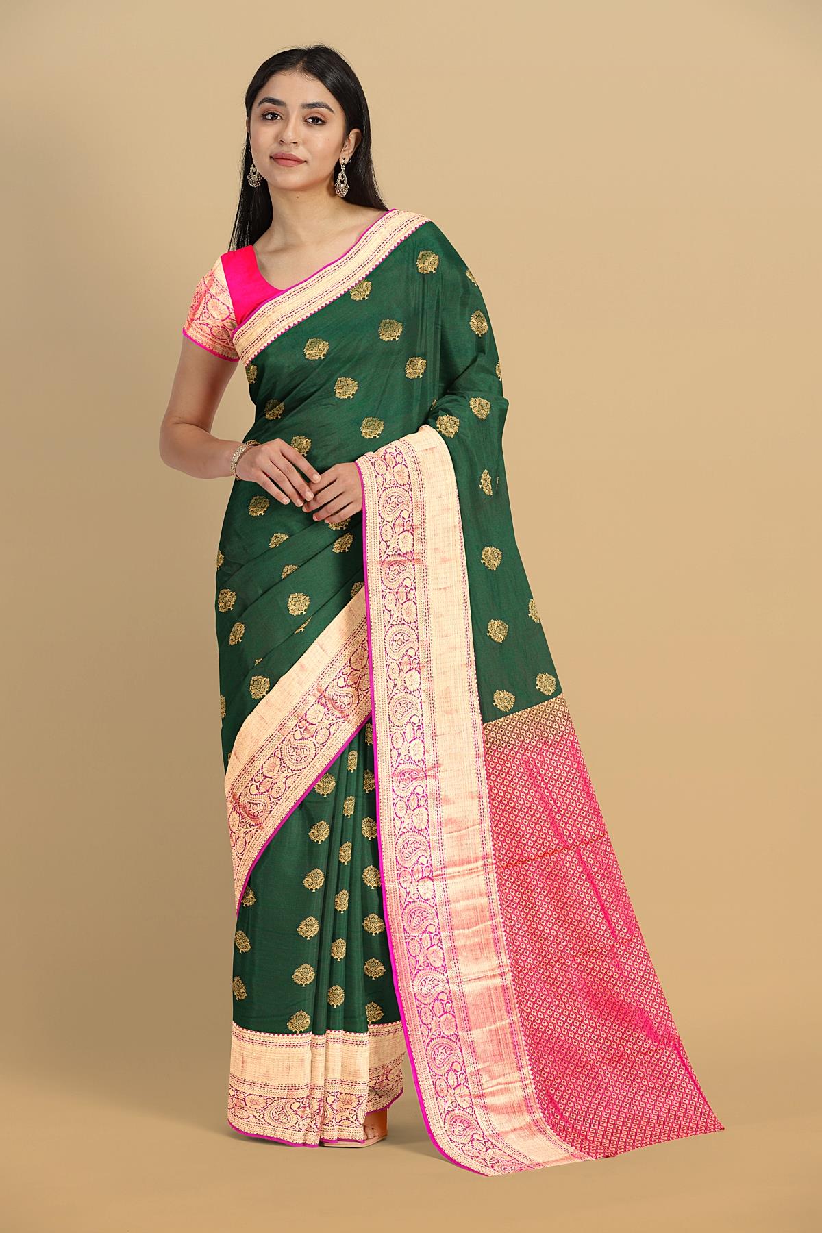 DARK GREEN and PINK BUTTIS SILK BLEND Saree with SEMI PATTU