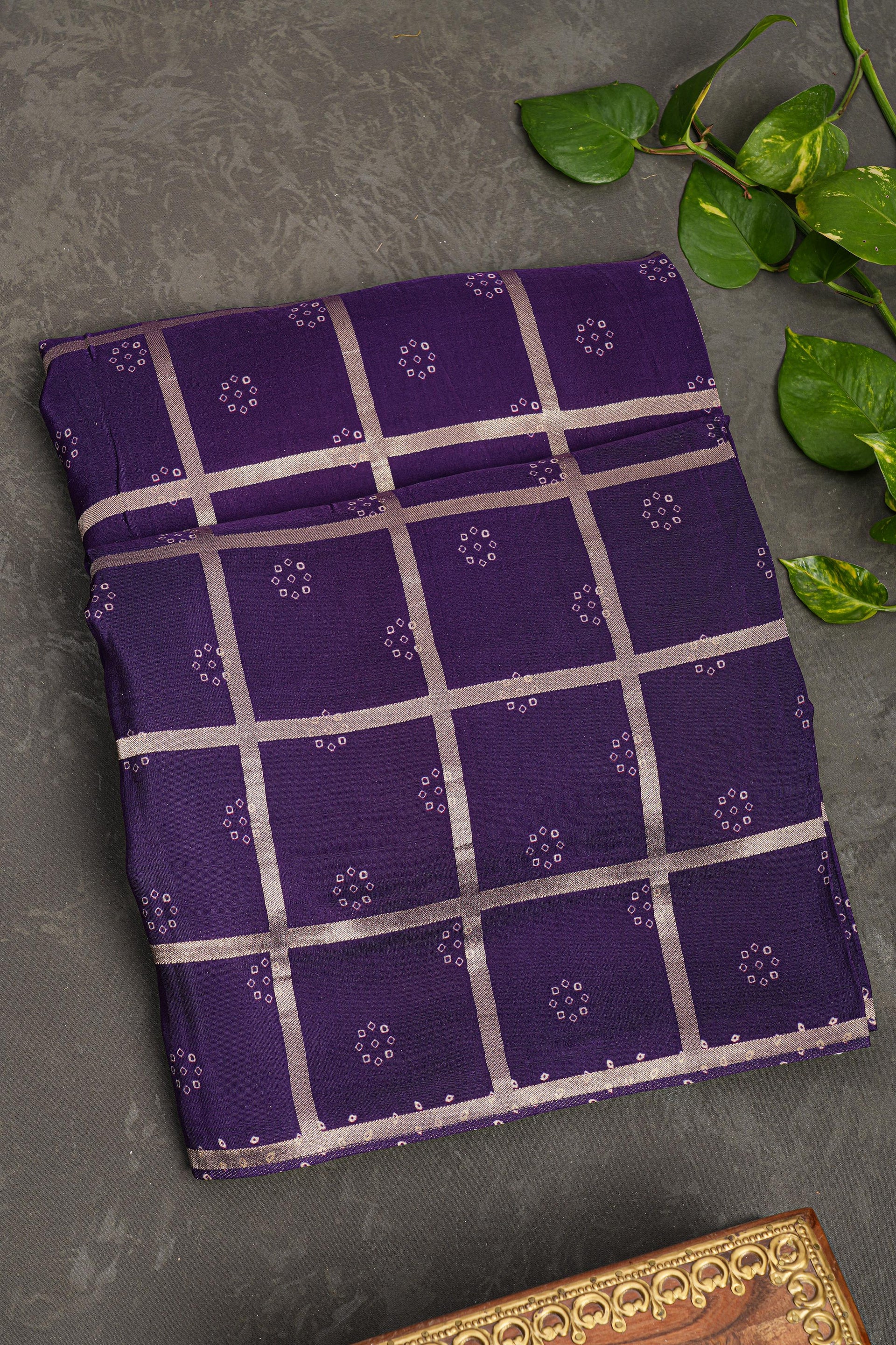 RED and VIOLET CHECKS AND BUTTIS VISCOSE Saree with BANARASI FANCY