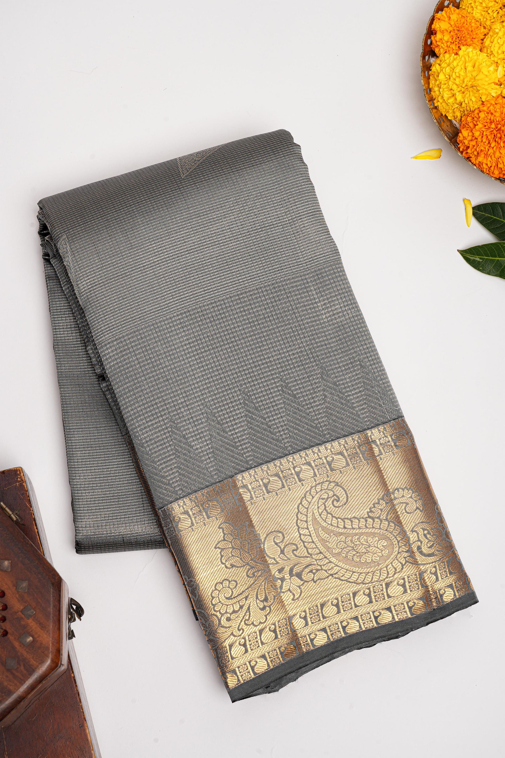 LIGHT GREY and GOLD BUTTIS SILK BLEND Saree with SEMI PATTU