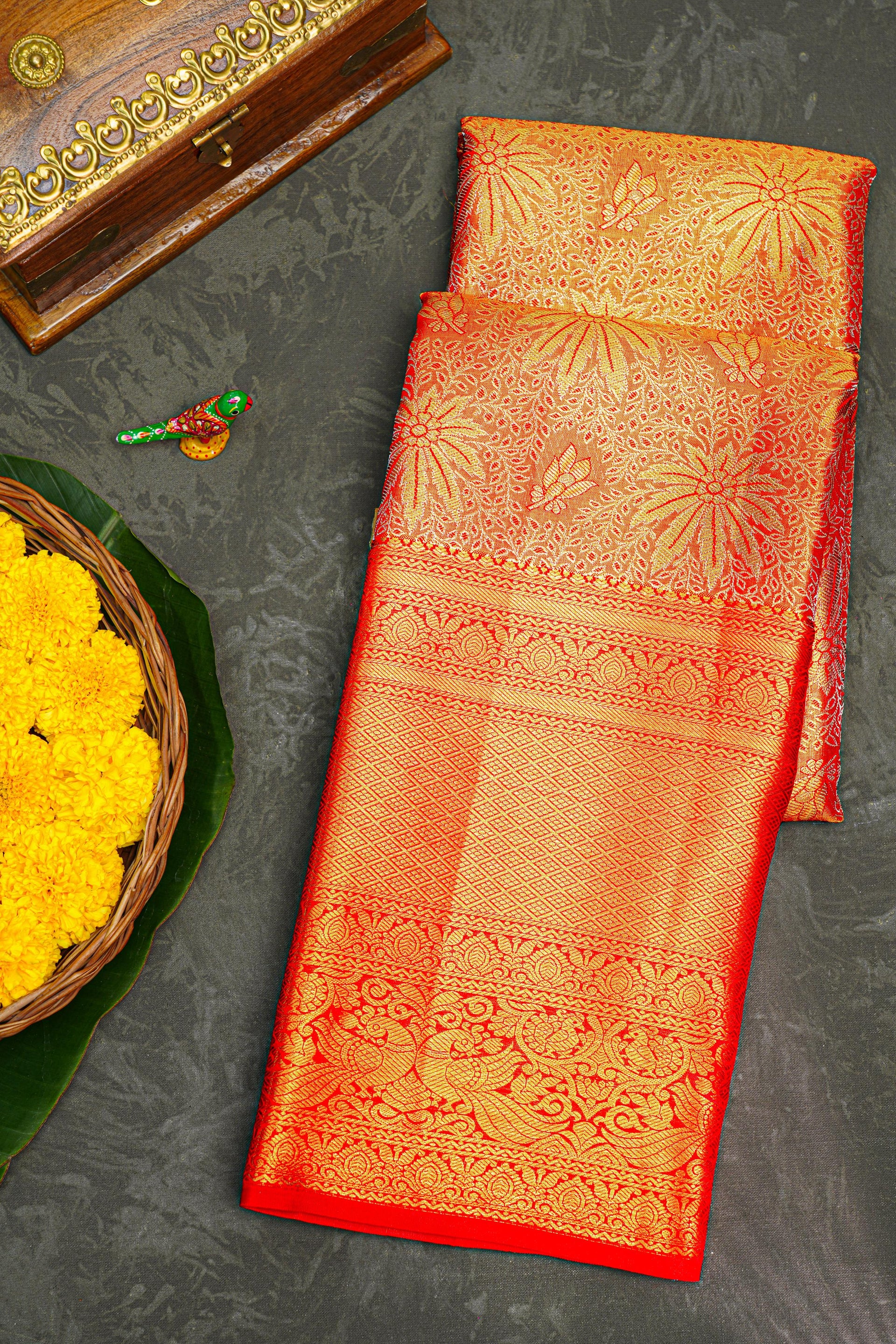 GOLD ORANGE and GOLD FLORAL JAAL SILK Saree with KANCHIPURAM