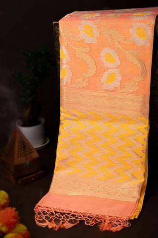 Designer Kora Light Orange Saree With Floral Jaal