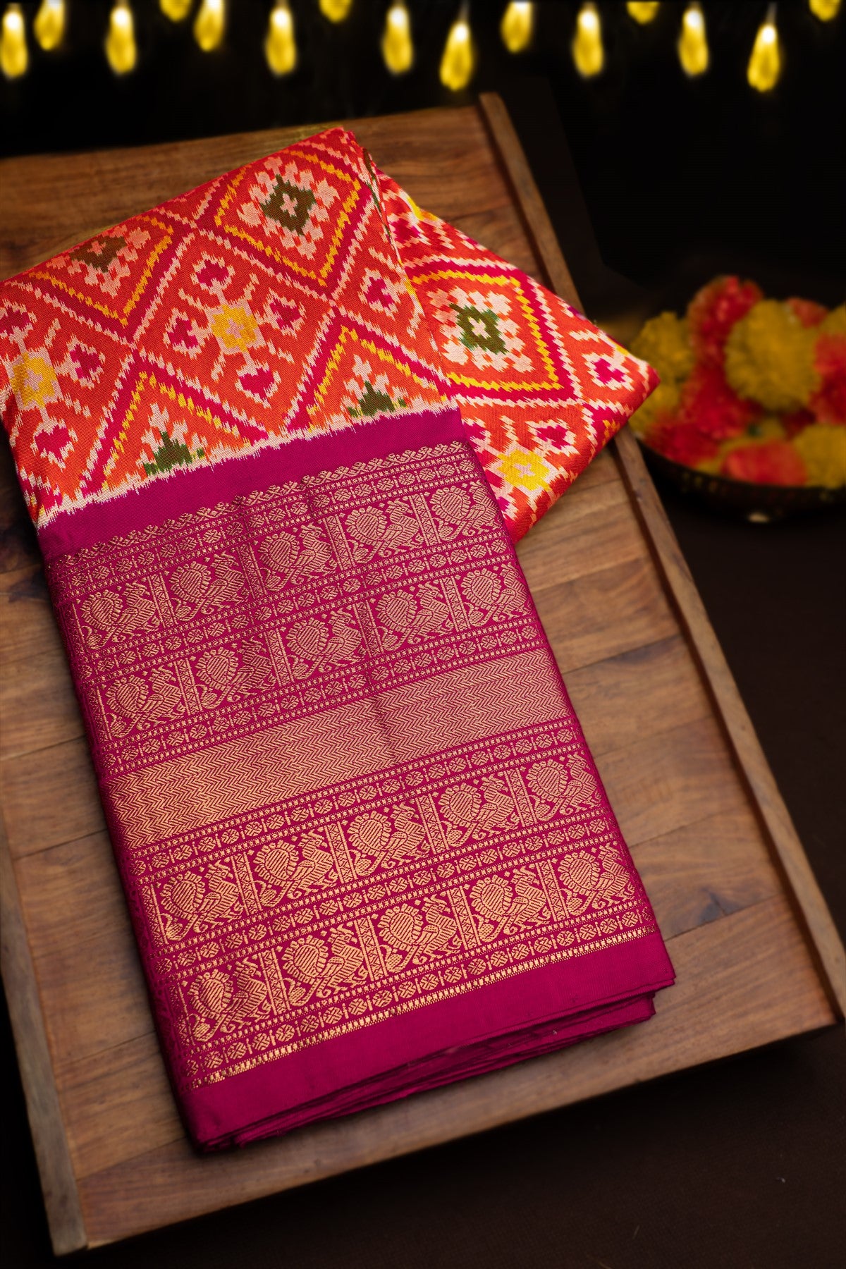 Mandir Orange & Magenta Kanchi Ikat Ikat Saree