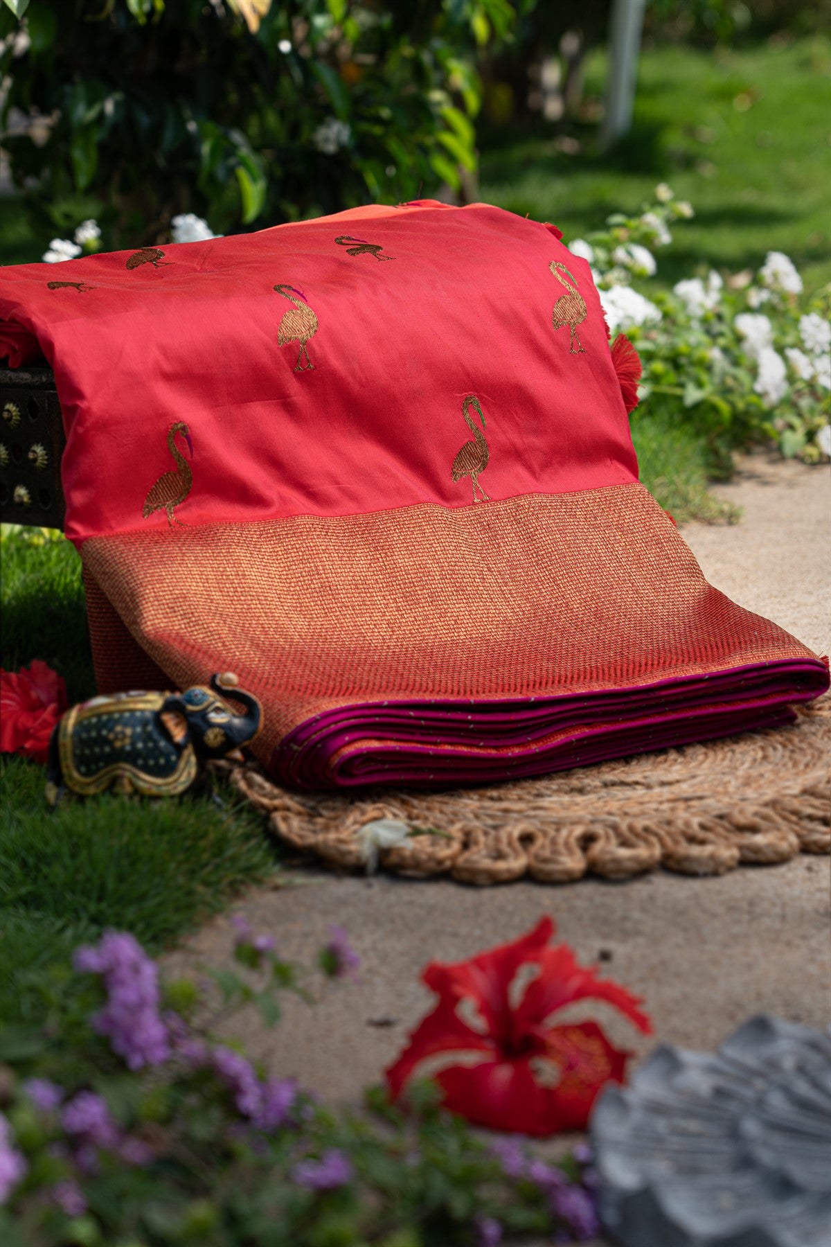 Mandir Red & Gold Banarasi Lines Saree