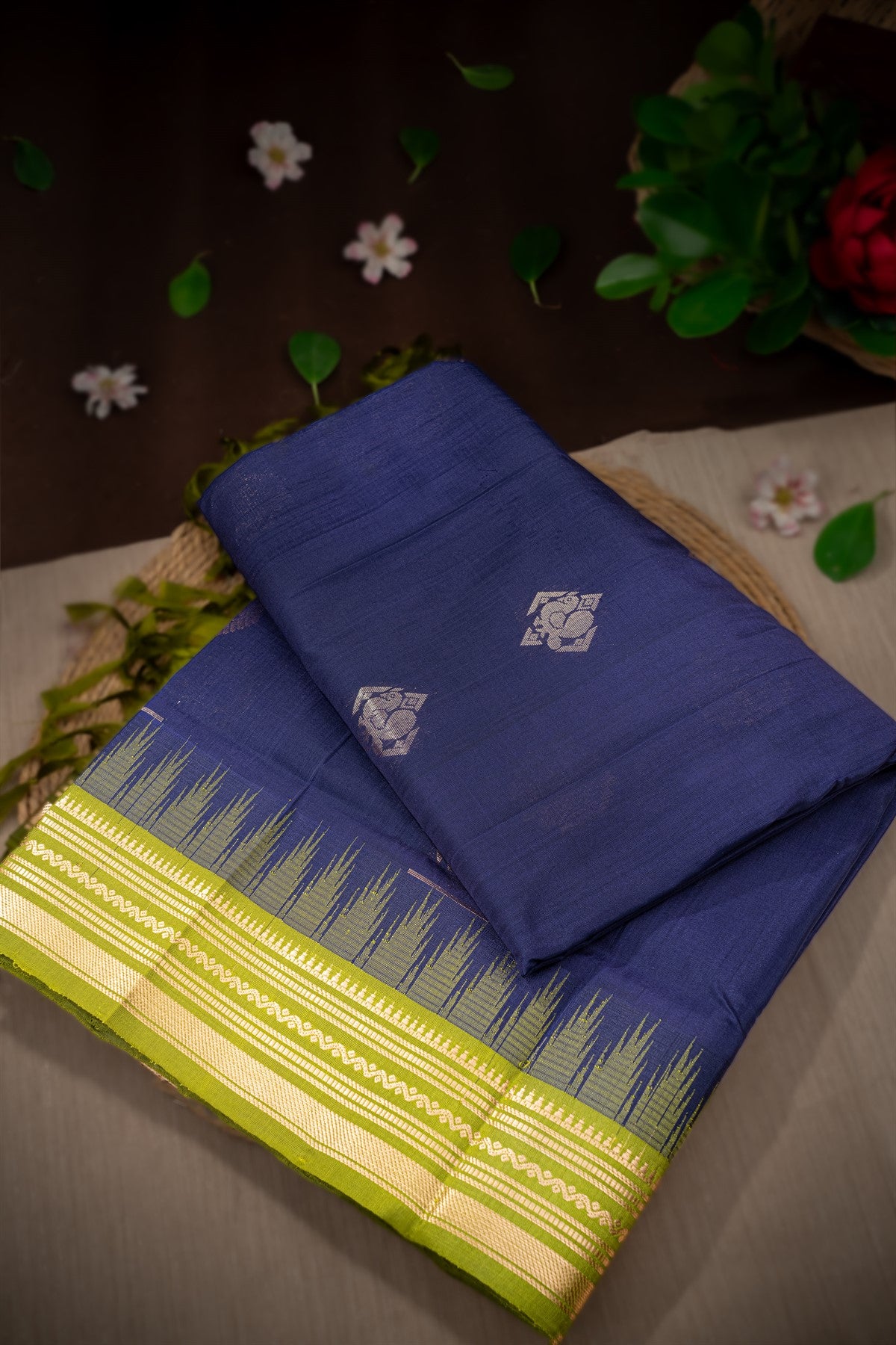 Mandir Navy Blue & Olive Green Kuppadam Motifs Saree