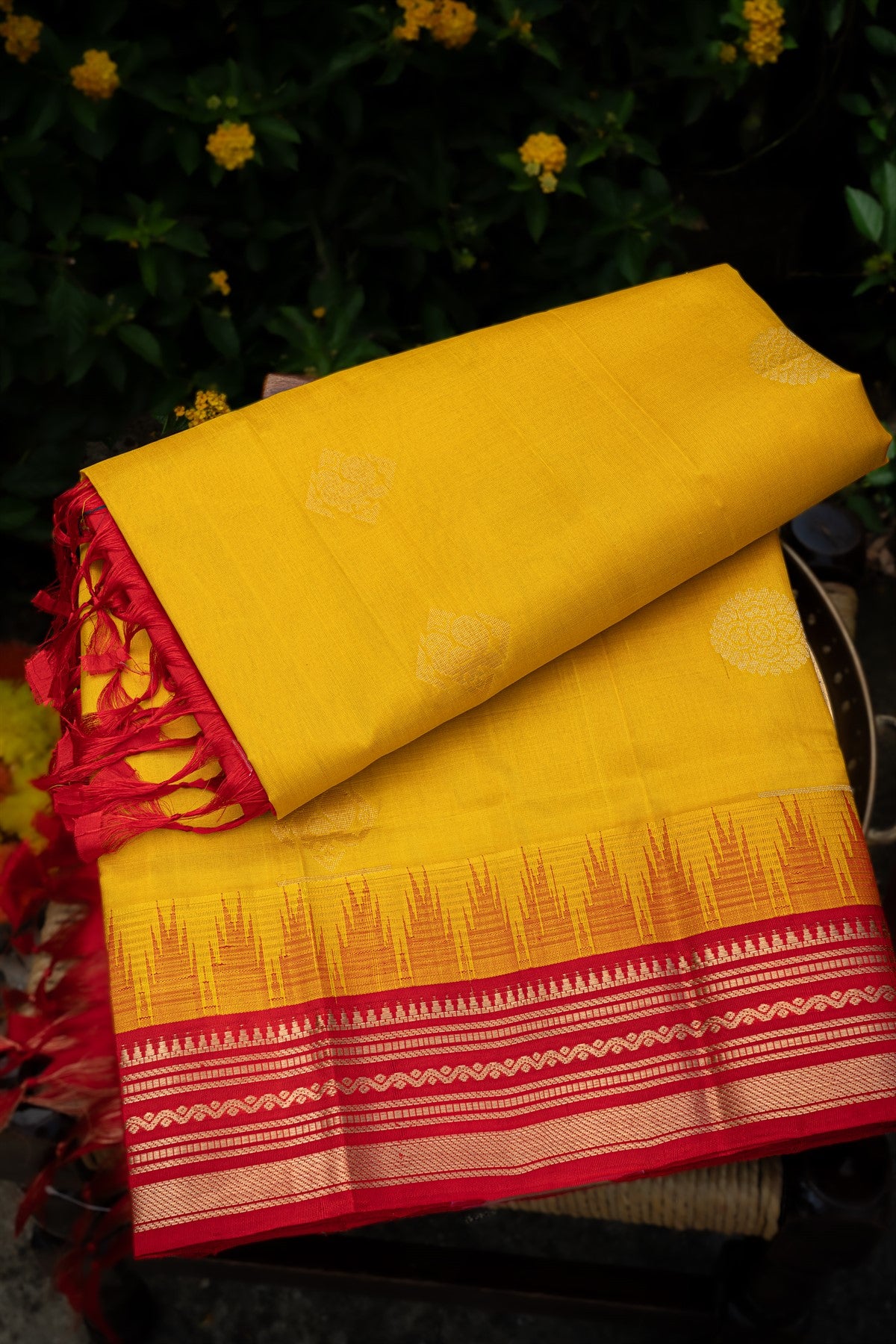 Varamahalakshmi Mustard & Red Kuppadam Buttis Saree