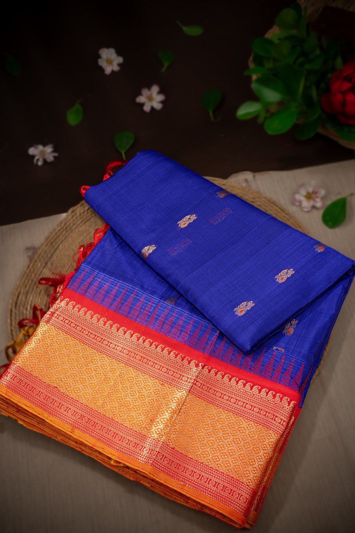 Mandir Royal Blue & Red Kuppadam Buttis Saree