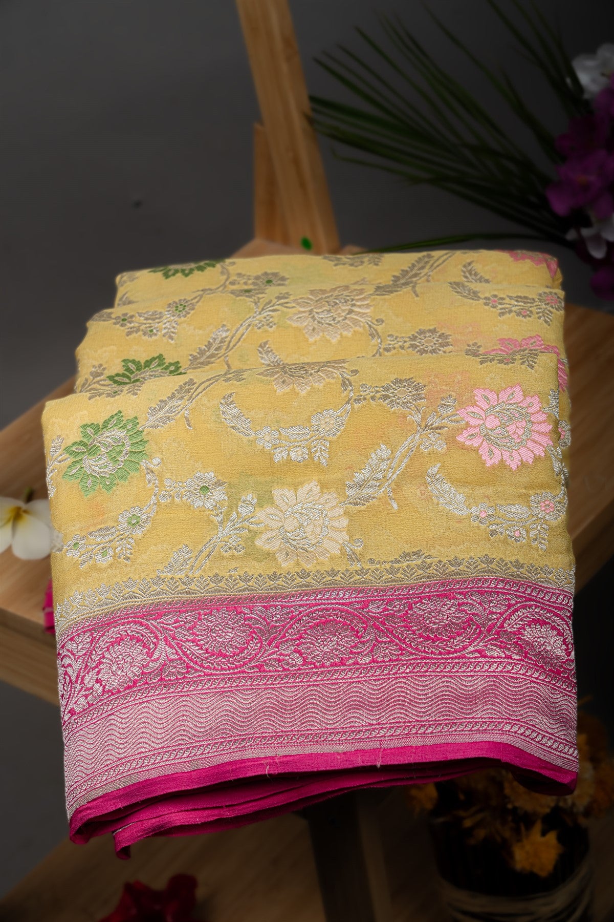 Mandir Lime Yellow & Blush Pink Banarasi Florals Saree