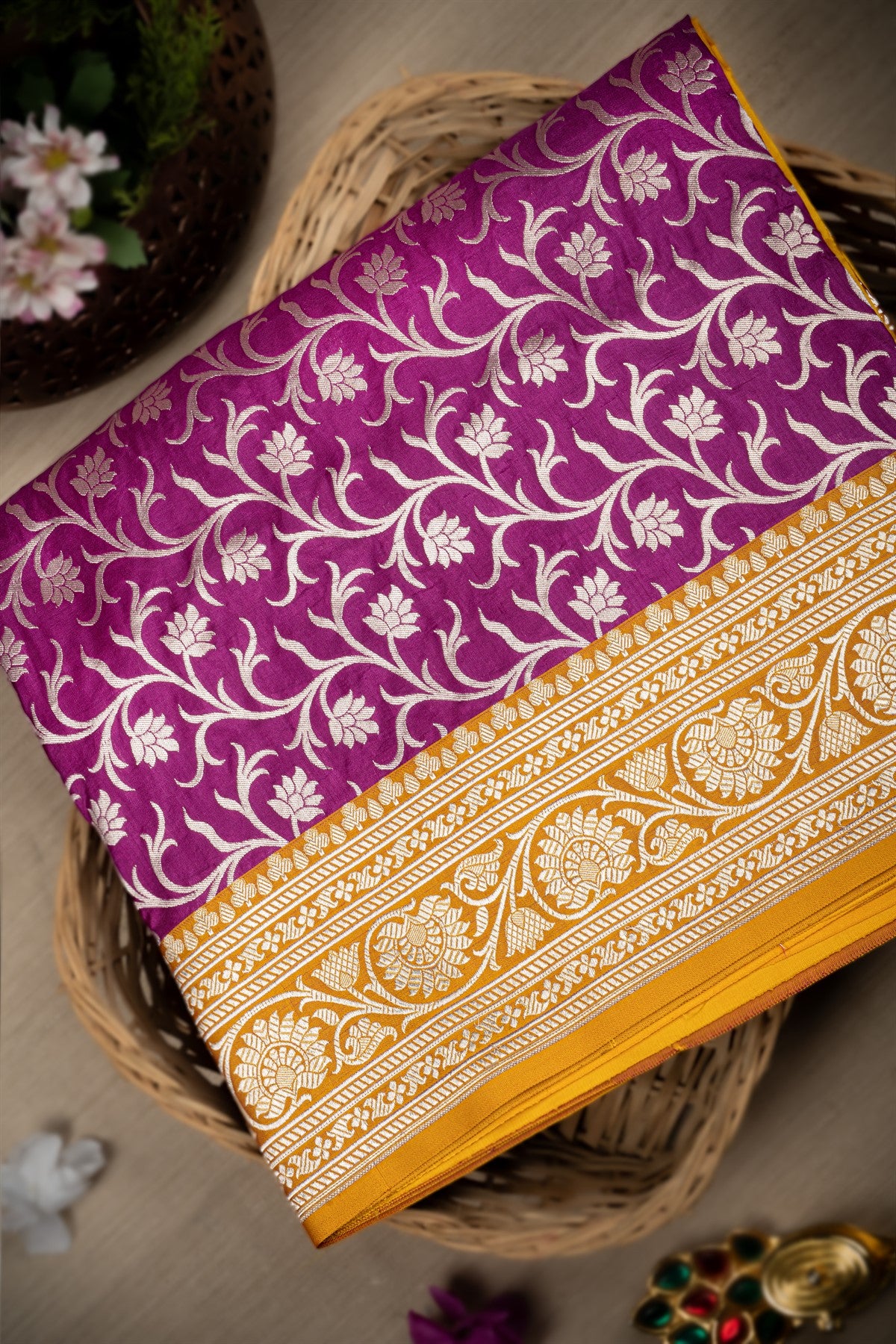 Varamahalakshmi Purple & Mustard Banarasi Jaal Saree