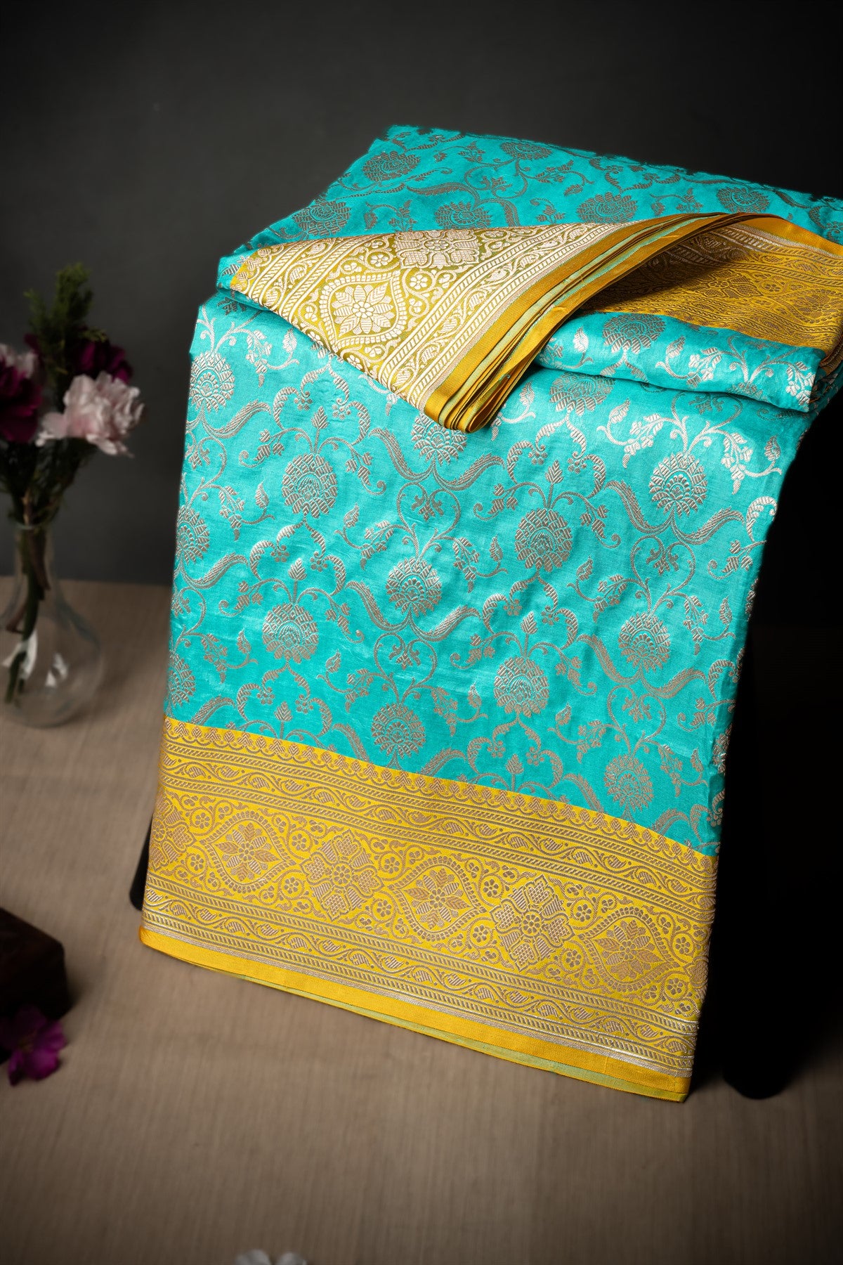 Mandir Sea Blue & Yellow Banarasi Jaal Saree