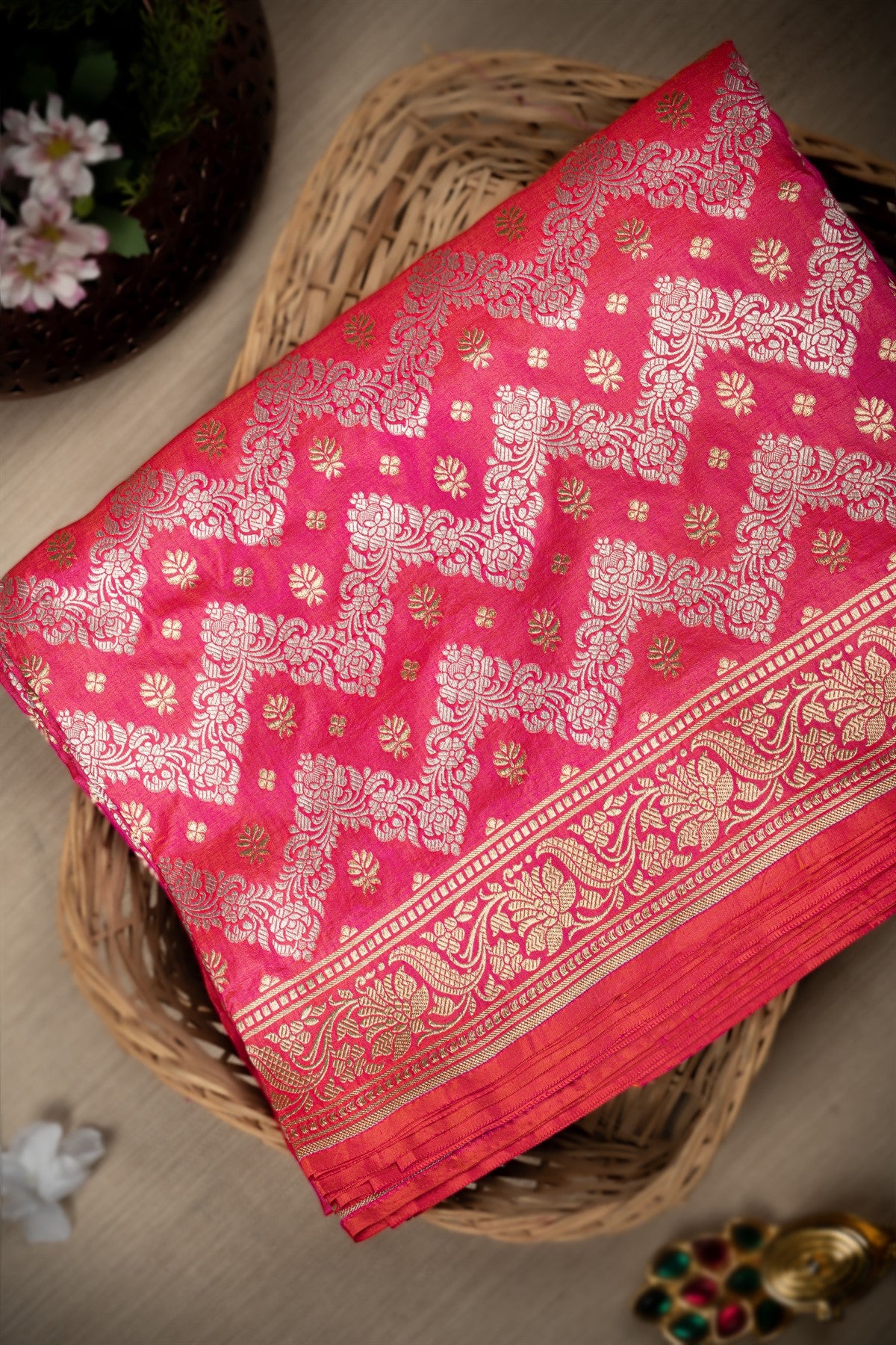 Varamahalakshmi Light Pink & Gold Banarasi Buttis Saree