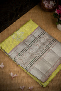 Mandir Lime Yellow & Light Grey Uppada Checks And Buttis Saree