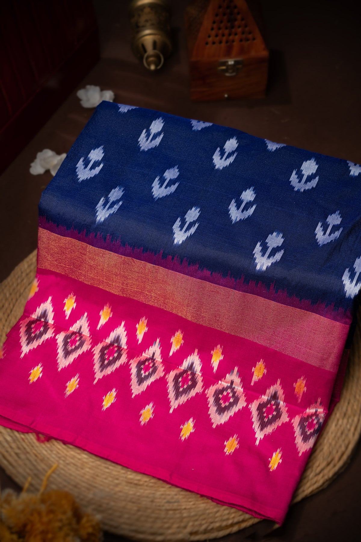 Mandir Navy Blue & Pink Ikat Ikat Saree