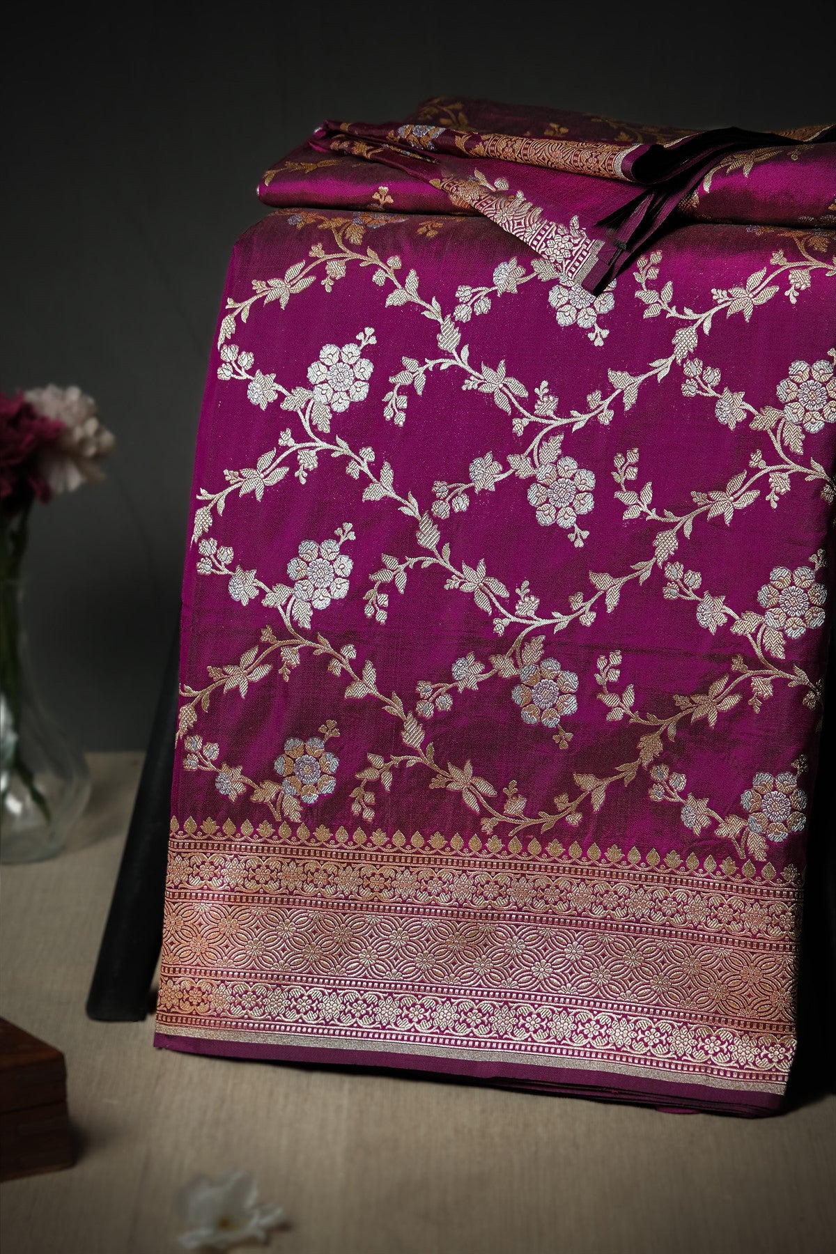 Mandir Magenta & Copper Banarasi Floral Jaal Saree