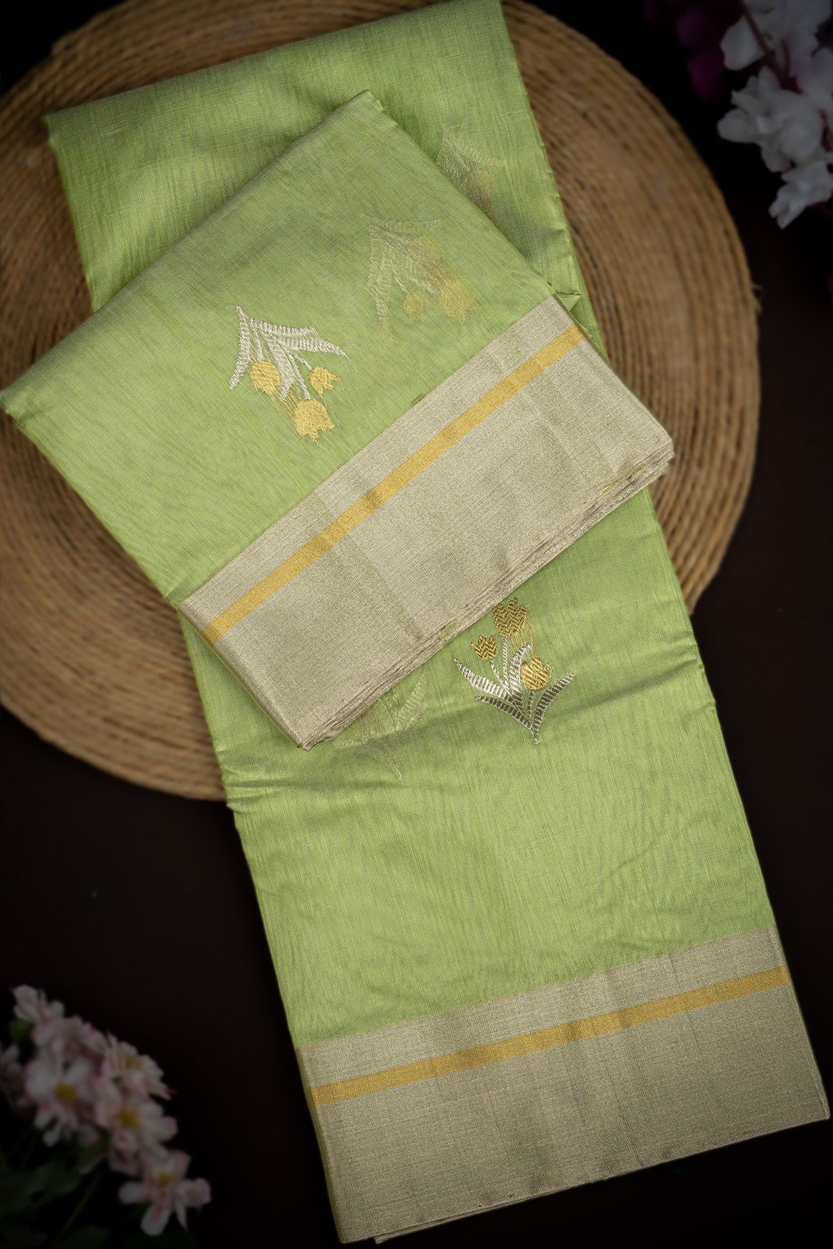 Mandir Pista Green & Gold Chanderi Motifs Saree