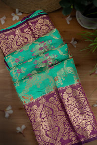 Mandir Sea Blue & Purple Fancy Floral Jaal Saree