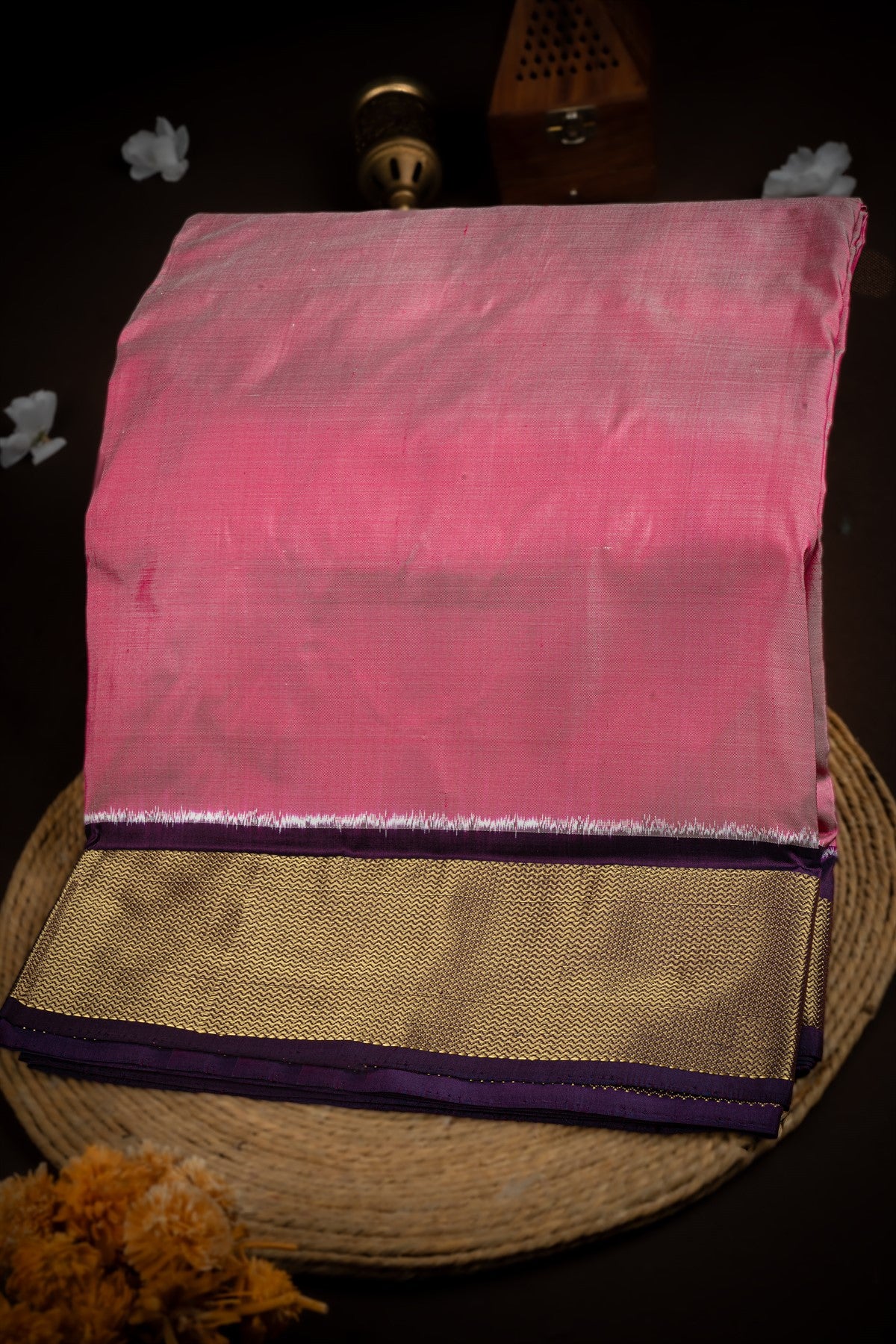 Mandir Light Pink & Navy Blue Kanchi Ikat Plain Saree