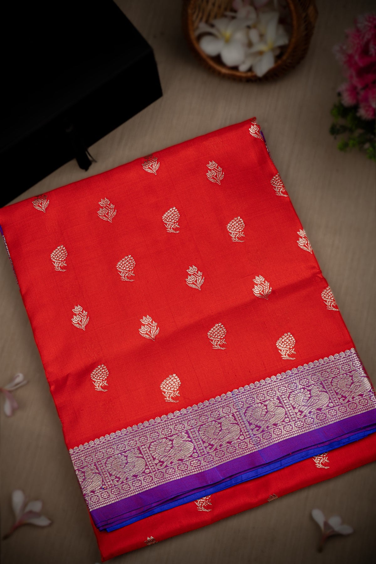 Mandir Red & Royal Blue Venkatagiri Buttis Saree