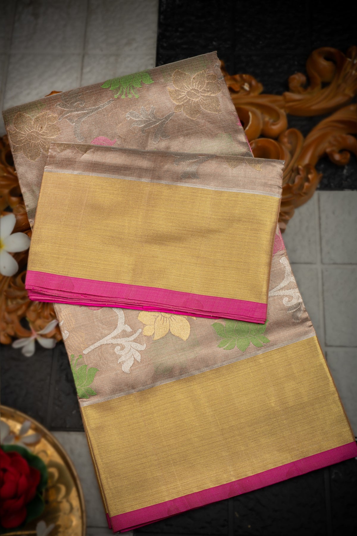 Varamahalakshmi Light Brown & Pink Venkatagiri Motifs Saree