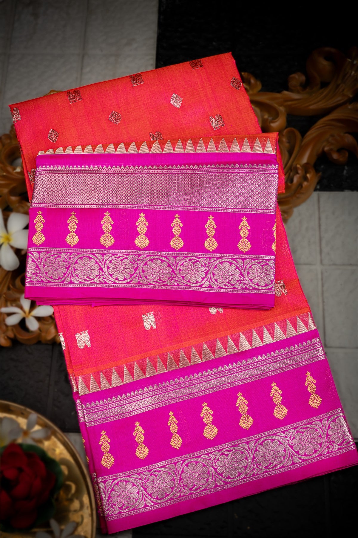 Varamahalakshmi Peach Pink & Pink Venkatagiri Motifs Saree