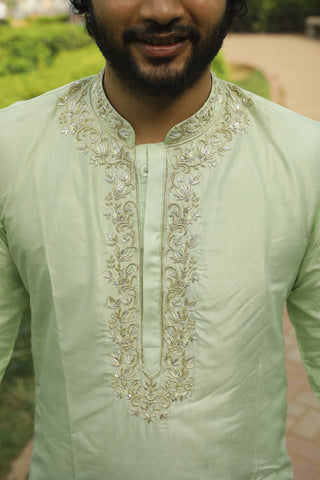 Green Silk Embroidered Kurta